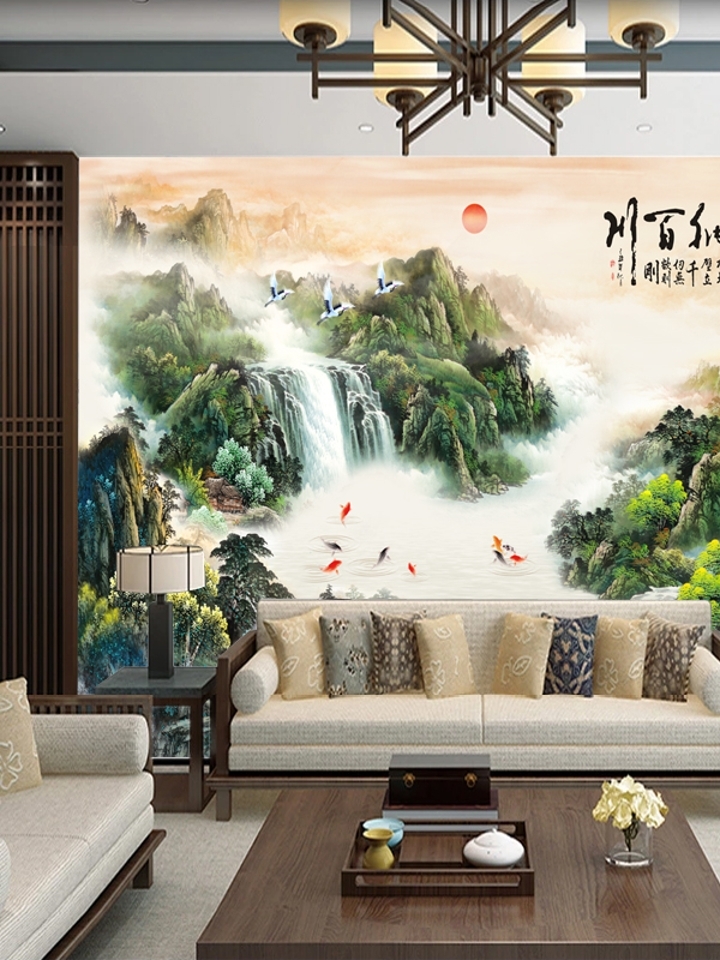 海纳百川电视背景墙自粘墙贴山水图墙纸画 海纳百川电视背景墙自粘墙贴山水图墙纸画