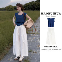 克莱因蓝冰丝针织短袖t恤女夏季2024新款韩系穿搭坎肩上衣两件套