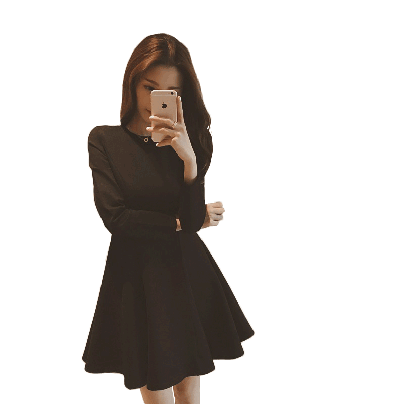 Seasonal code break special clearance for women's black long-sleeved dress with waist slimming A-line Hepburn base black skirt Seasonal code break special clearance for women's black long-sleeved dress with waist slimming A-line Hepburn base black skirt