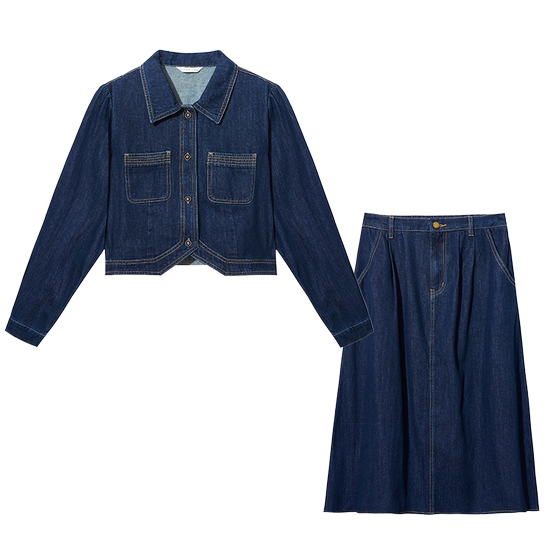 Zihan retro denim blue rolled collar jacket in the long half -body skirt, two sets of women's autumn small casual set
Zihan retro denim blue rolled collar jacket in the long half -body skirt, two sets of women's autumn small casual set