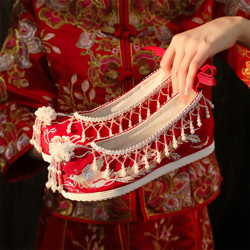 Sepatu Xiuhe Yuefenghua Hak Pernikahan Bordir Wanita