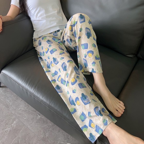 Cotton silk pajama pants for women in summer, thin and large-sized artificial cotton silk, suitable for external wear at home, floral long pants, straight and loose fitting Cotton silk pajama pants for women in summer, thin and large-sized artificial cotton silk, suitable for external wear at home, floral long pants, straight and loose fitting