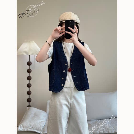 Flower concept denim vest for women in autumn new loose casual pocket versatile sleeveless vest top Flower concept denim vest for women in autumn new loose casual pocket versatile sleeveless vest top