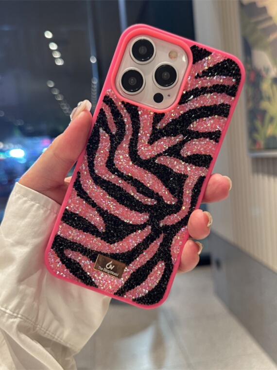 Girls Zebra Stripes Shiny Rhinestone Diamond Bling – Luxury 15, 14, 13, 12 iPhone Case