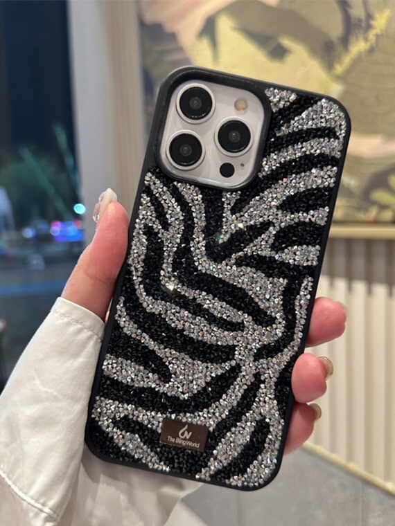 Girls Zebra Stripes Shiny Rhinestone Diamond Bling – Luxury 15, 14, 13, 12 iPhone Case
