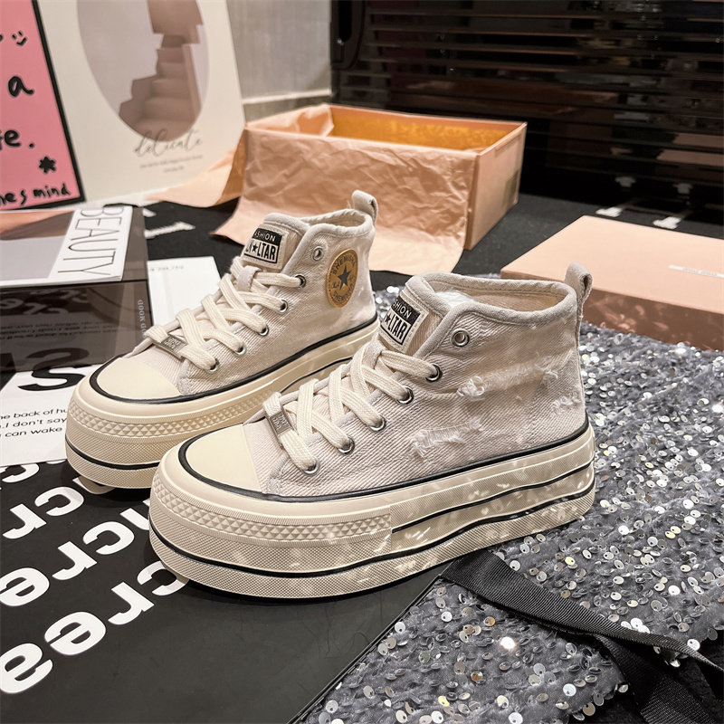 Zapatillas de Denim Coreanas Blancas con Corte Alto, Suaves y