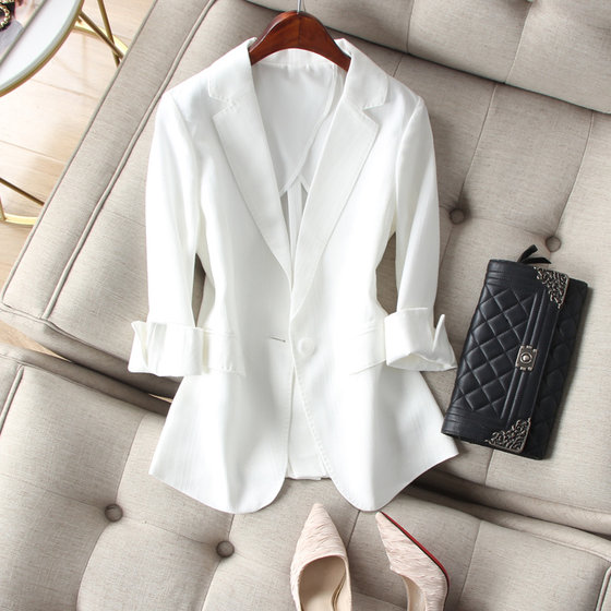 Exquisite inside and out! Workplace commuting OL slimming and slimming one button seven quarter sleeve cotton and linen suit jacket for women, summer Exquisite inside and out! Workplace commuting OL slimming and slimming one button seven quarter sleeve cotton and linen suit jacket for women, summer