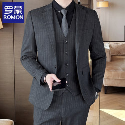 Romon Striped Suit Set for Men, Three-Piece Slim Fit Groom Wedding Suit, Professional Formal Wear, Small Blazer for Men Romon Striped Suit Set for Men, Three-Piece Slim Fit Groom Wedding Suit, Professional Formal Wear, Small Blazer for Men