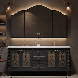 Double-Basin French Oak Bathroom Cabinet Set with Integrated Rock Slab Hot-Bent Basin, Bathroom Vanity Sink, High-End Custom-Made Double-Basin French Oak Bathroom Cabinet Set with Integrated Rock Slab Hot-Bent Basin, Bathroom Vanity Sink, High-End Custom-Made