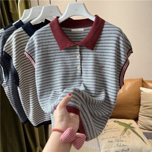 New autumn women's Polo collar pullover lapel pinstripe color block contrast sleeveless loose sweater top New autumn women's Polo collar pullover lapel pinstripe color block contrast sleeveless loose sweater top