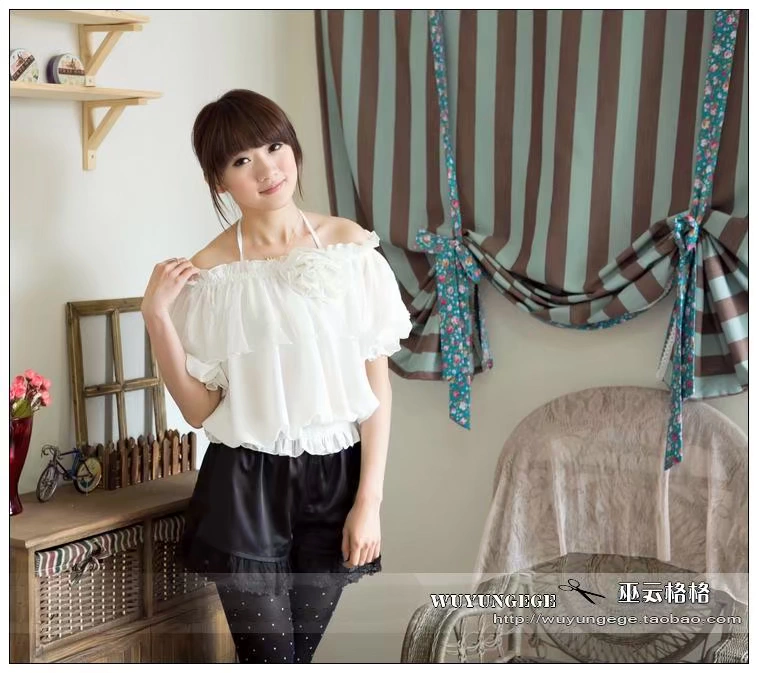 2012 phong cách mới Wuyun từ cổ tròn cổ tay phồng tay áo sơ mi voan ren áo sơ mi lưới - Áo sơ mi chiffon ren