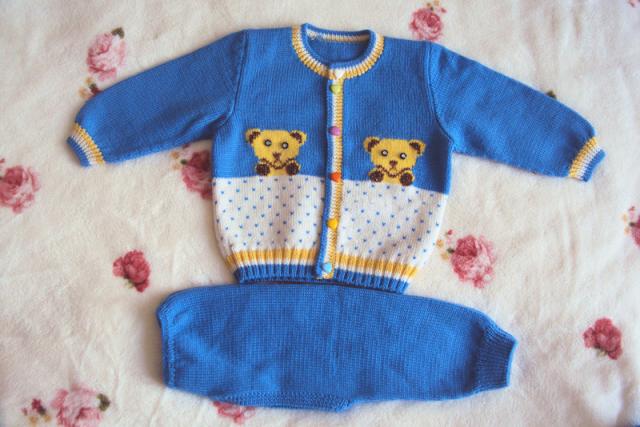 纯手工编织儿童毛衣单排扣毛衣周岁宝宝毛衣小熊三利线婴儿毛线衣