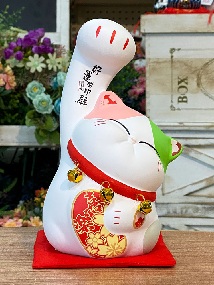 桃の花猫の貯金箱 - 金石工芸 陶器の置物