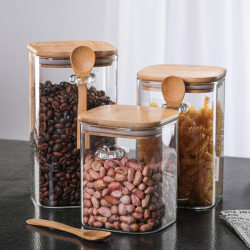 Storage Jar with Glass Lid, Bamboo Spoon, Square Shape, Large Airtight Container for Spices, Coffee Beans, Household Grains, Milk Powder, Tea Leaves Storage Jar with Glass Lid, Bamboo Spoon, Square Shape, Large Airtight Container for Spices, Coffee Beans, Household Grains, Milk Powder, Tea Leaves
