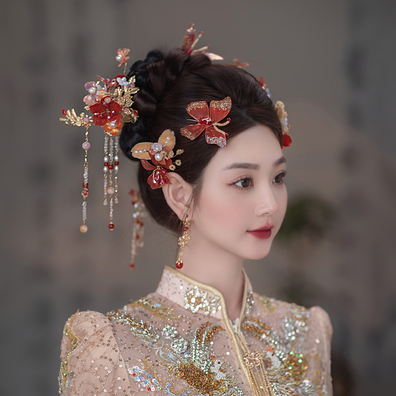Mengyao 中国風 花嫁 髪飾り - 赤い花のヘアアクセサリーセット