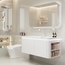 White Arc-Shaped Double-Door Bathroom Cabinet, Light Luxury and Simple Style, Integrated Washbasin and Sink, Ceramic Washbasin Cabinet Set White Arc-Shaped Double-Door Bathroom Cabinet, Light Luxury and Simple Style, Integrated Washbasin and Sink, Ceramic Washbasin Cabinet Set