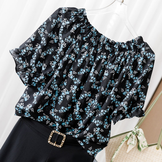 European style one neck floral mulberry wrinkled shirt for women's summer new loose and slimming look, covering the belly with a high-end feel European style one neck floral mulberry wrinkled shirt for women's summer new loose and slimming look, covering the belly with a high-end feel