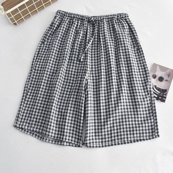 Japanese minimalist plaid pajama pants for men's summer pure cotton gauze thin loose beach shorts, cropped pants, home pants Japanese minimalist plaid pajama pants for men's summer pure cotton gauze thin loose beach shorts, cropped pants, home pants