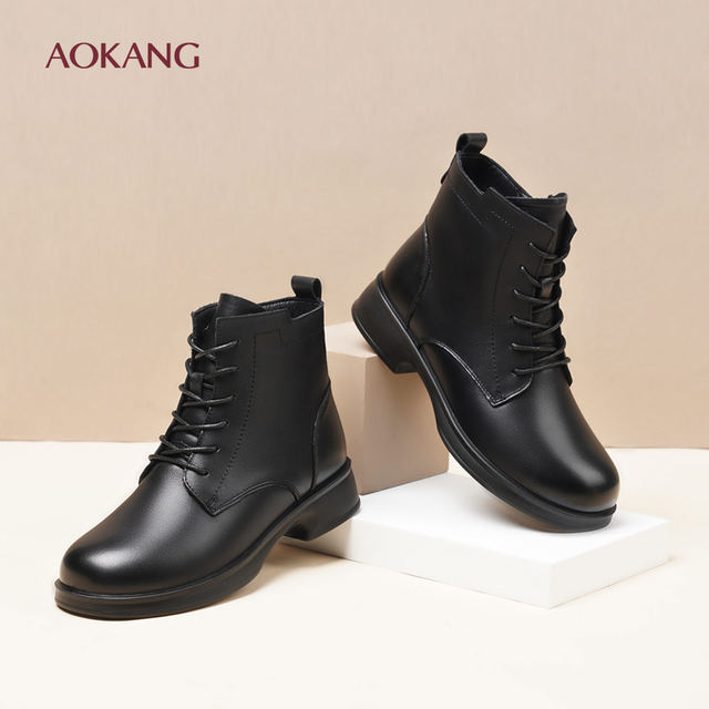 Aokang Women's Shoes Autumn and Winter Warm Women's Boots Thick Soled British Style Martin Boots Genuine Leather and Velvet Thickened Short Boots L Aokang Women's Shoes Autumn and Winter Warm Women's Boots Thick Soled British Style Martin Boots Genuine Leather and Velvet Thickened Short Boots L