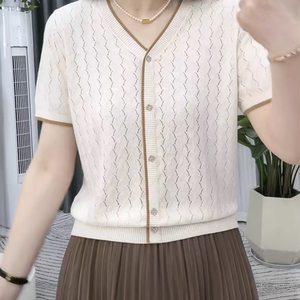 New short-sleeved women's summer silk T-shirt V-neck hollow jacquard ice top thin ice silk bottoming shirt 25 New short-sleeved women's summer silk T-shirt V-neck hollow jacquard ice top thin ice silk bottoming shirt 25