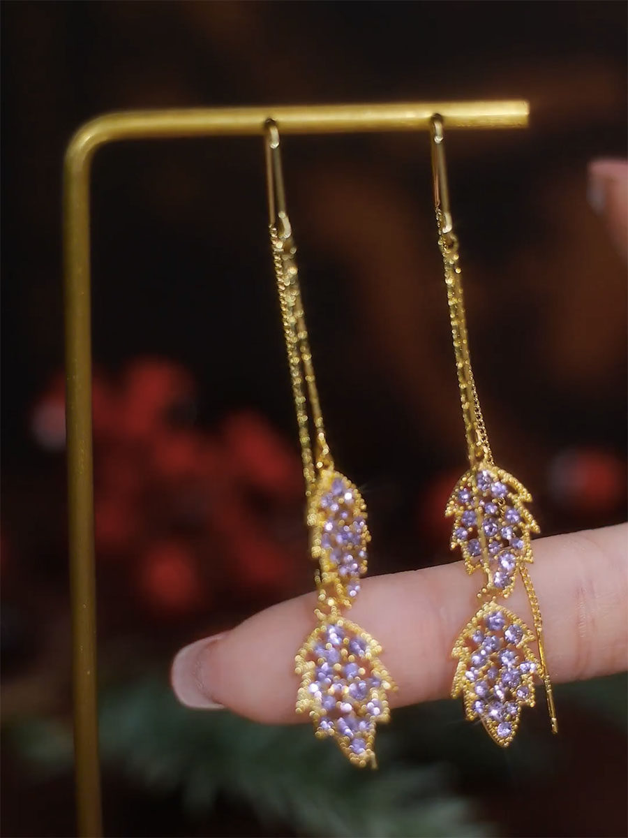 Purple Diamond Leaf Tassel Earrings Korean Style Women's Jewelry