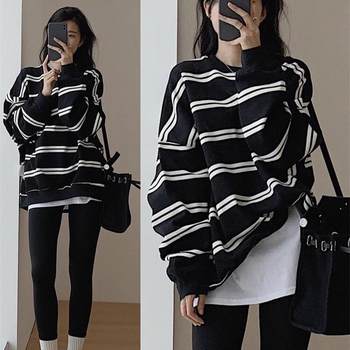 Large size striped composite 330G sweatshirt trendy 2025 early autumn new thin round neck long-sleeved t-shirt top Korean style women's clothing 
Large size striped composite 330G sweatshirt trendy 2025 early autumn new thin round neck long-sleeved t-shirt top Korean style women's clothing