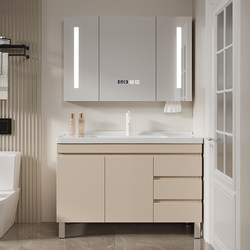 New Cream-Style Multi-Layer Solid Wood Bathroom Cabinet Combination with Integrated Washbasin and Ceramic Basin Floor-Standing Cabinet New Cream-Style Multi-Layer Solid Wood Bathroom Cabinet Combination with Integrated Washbasin and Ceramic Basin Floor-Standing Cabinet
