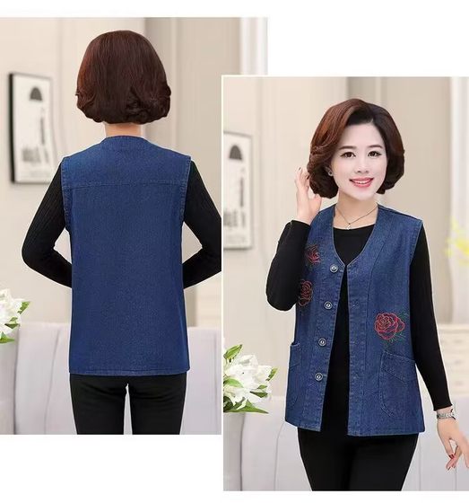 Mom denim vest female spring and autumn jacket in the middle and elderly, plus fat large size, shoulder sleeveless loose thin horse clip vest Mom denim vest female spring and autumn jacket in the middle and elderly, plus fat large size, shoulder sleeveless loose thin horse clip vest