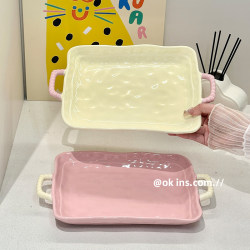 ins Korean Cream-Colored Double-Eared Fish Plate, Household Ceramic Rectangular Steamed Fish Plate, Large Dish, Serving Plate, Tableware ins Korean Cream-Colored Double-Eared Fish Plate, Household Ceramic Rectangular Steamed Fish Plate, Large Dish, Serving Plate, Tableware