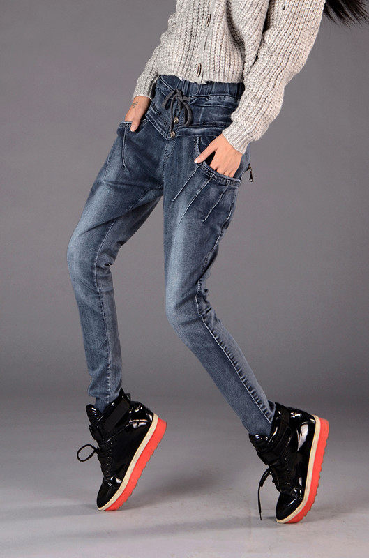 2014秋冬新款韩版松紧腰牛仔裤哈伦裤女款休闲宽松女长裤显瘦女裤