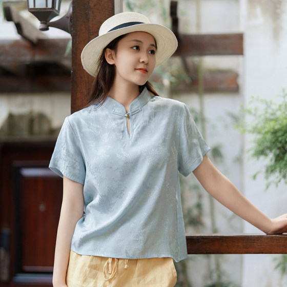 Yuxiang Yunchu's literary retro original design short-sleeved shirt new Chinese style modified cheongsam top for women Yuxiang Yunchu's literary retro original design short-sleeved shirt new Chinese style modified cheongsam top for women