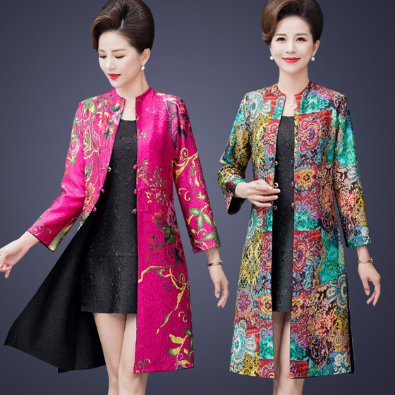 Miyake pleated plus size silk double-sided coat, ethnic style thin windbreaker, knee high Chinese style top, mom outfit, female Miyake pleated plus size silk double-sided coat, ethnic style thin windbreaker, knee high Chinese style top, mom outfit, female