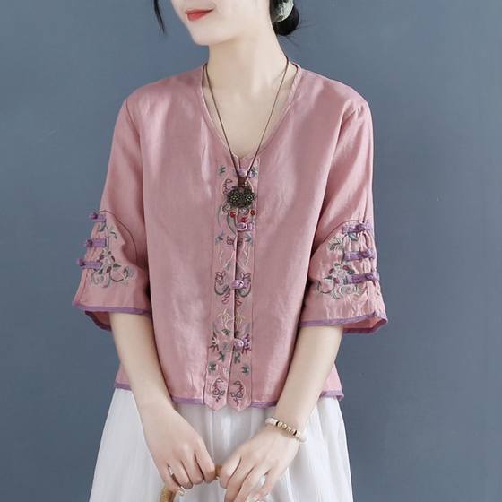 2022 Summer New Retro Embroidered Button Linen Cotton Shirt Women's Chinese Zen Tea Dress Tang Short V-neck Top 2022 Summer New Retro Embroidered Button Linen Cotton Shirt Women's Chinese Zen Tea Dress Tang Short V-neck Top