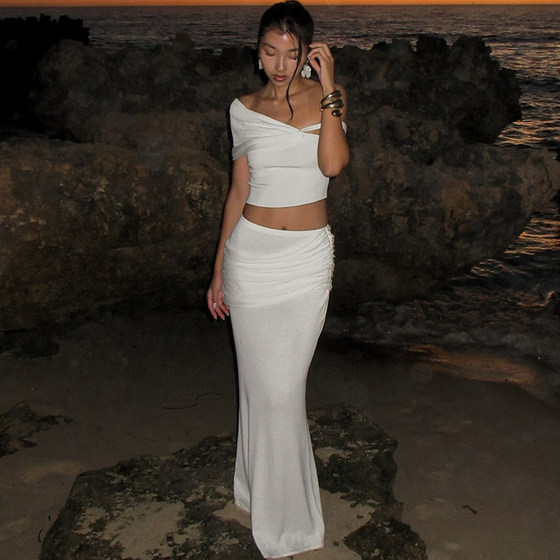 #Sisjuly#Cold and salt-like light mature solid color oblique collar asymmetric top for women with high waist long skirt suit #Sisjuly#Cold and salt-like light mature solid color oblique collar asymmetric top for women with high waist long skirt suit