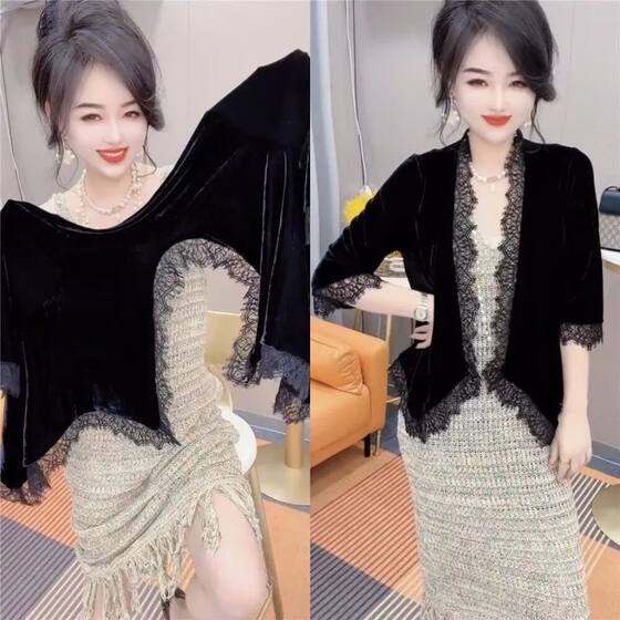European lace craft black velvet jacket women's high-end temperament slimming short five-point sleeve top can be worn outside
European lace craft black velvet jacket women's high-end temperament slimming short five-point sleeve top can be worn outside