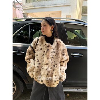 Japanese and Korean loose thickened warm fur all-in-one short round collar leopard print eco-friendly fur coat Japanese and Korean loose thickened warm fur all-in-one short round collar leopard print eco-friendly fur coat