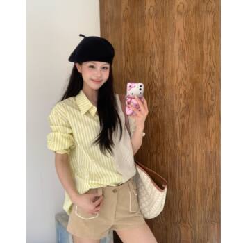 THREE GOOOD/Sanji slim yellow long-sleeved double striped shirt for women 2025 spring new style 
THREE GOOOD/Sanji slim yellow long-sleeved double striped shirt for women 2025 spring new style