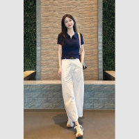 2025新款夏季穿搭一整套高级感小众藏青色翻领短袖上衣裤子两件套