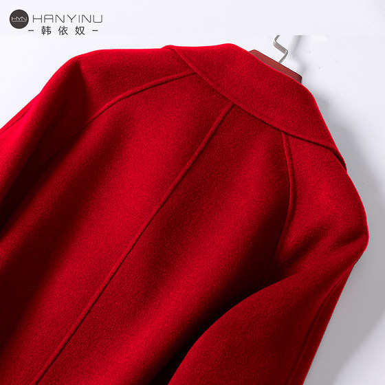Full wool coat for women's mid-length red 2025 autumn and winter new raboscoon sleeves Nickel double-sided cashmere-free coat Full wool coat for women's mid-length red 2025 autumn and winter new raboscoon sleeves Nickel double-sided cashmere-free coat