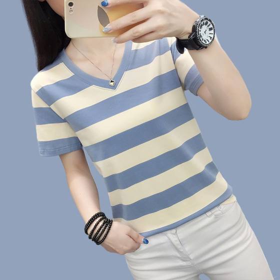 Full shoulder new summer oversized loose top, pure cotton short sleeved women's t-shirt, high-end mom striped half sleeved T-shirt Full shoulder new summer oversized loose top, pure cotton short sleeved women's t-shirt, high-end mom striped half sleeved T-shirt