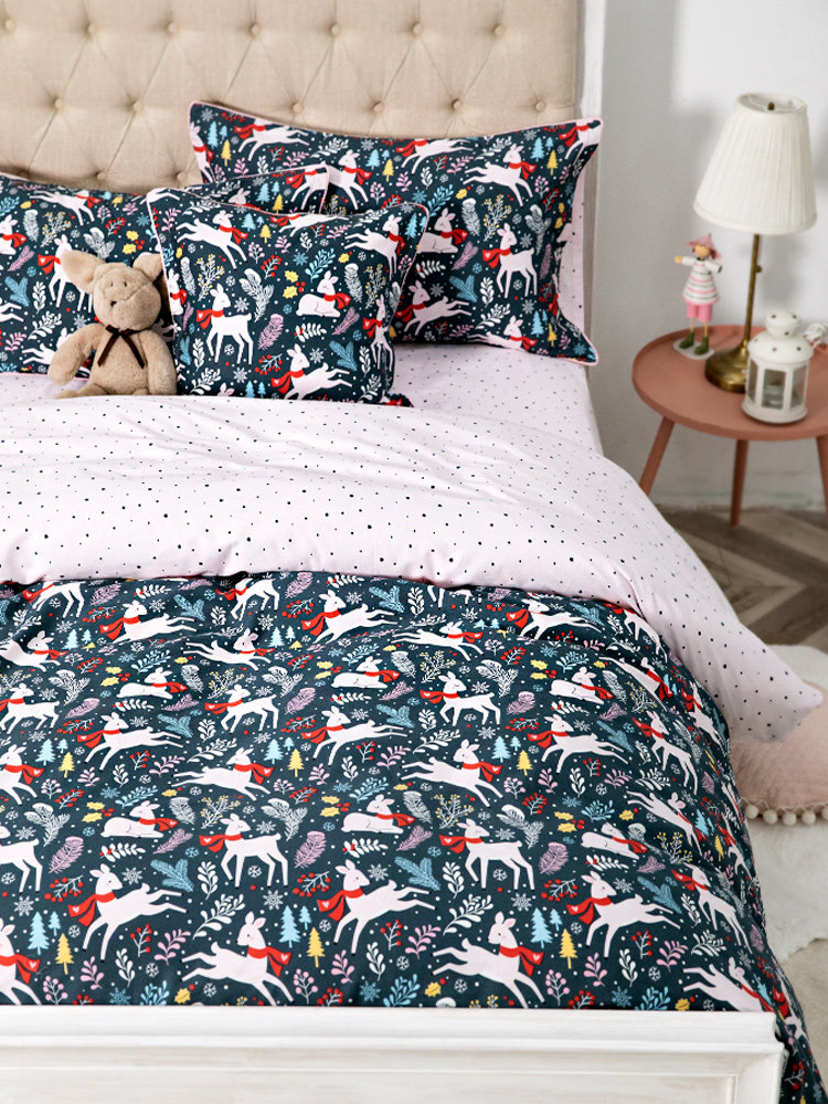 Juego De Cama Infantil 4 Piezas - Diseño Animales Bosque Con Ciervos Y Osos Para Niñas