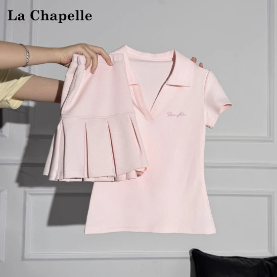 La Chapelle pink polo collar front shoulder short-sleeved T-shirt for women sporty style slim pleated skirt two-piece set La Chapelle pink polo collar front shoulder short-sleeved T-shirt for women sporty style slim pleated skirt two-piece set