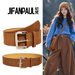 New Style Maillard Korean-Style Suede Leather Belt for Women, Vintage Matte Wide Version, Suitable for Jeans, Waist-Cinching, Slimming Waist Belt New Style Maillard Korean-Style Suede Leather Belt for Women, Vintage Matte Wide Version, Suitable for Jeans, Waist-Cinching, Slimming Waist Belt