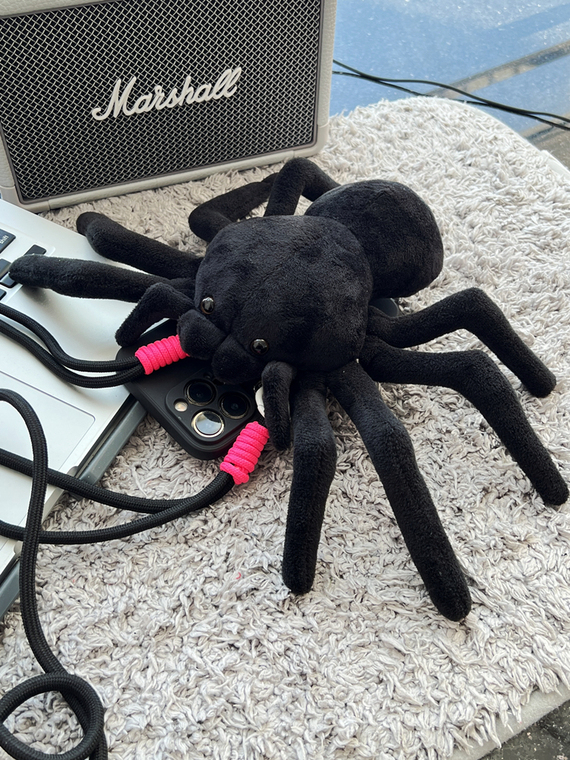 Crossbody Lanyard Strap Plush Black Spider 3D Niche 15, 14, 13, 12 iPhone Case