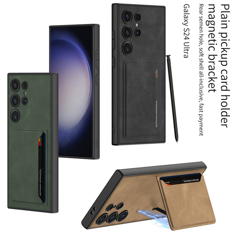 Business Synthetic Leather Card Holder Kickstand Wireless Charging Compatible S24, S24 Plus, S24 Ultra Samsung Phone Case