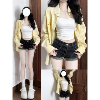 Korean yellow striped long-sleeved shirt for women in summer 2025 
Korean yellow striped long-sleeved shirt for women in summer 2025