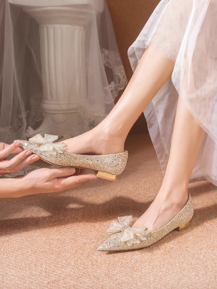 Women's Crystal Wedding Shoes Low Heel Pointed Toe Bridal Flats
