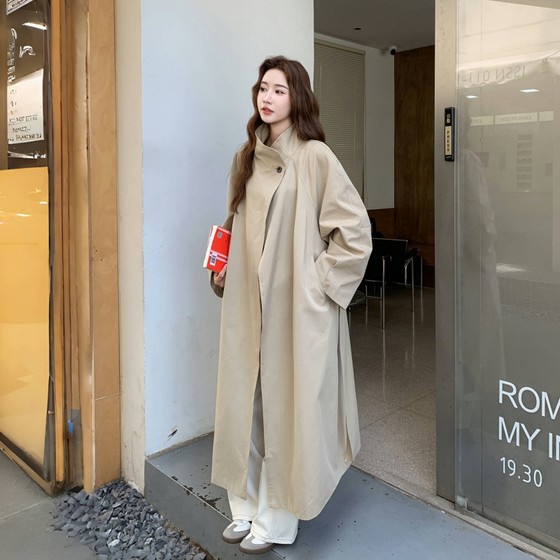 Khaki long standing collar windbreaker jacket for women Autumn 2025 new Korean casual knee-length British style simple coat Khaki long standing collar windbreaker jacket for women Autumn 2025 new Korean casual knee-length British style simple coat