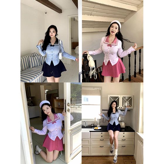 Meat dress with small cherry sweet new style slightly fat contrasting lapel striped long sleeve shirt elastic waist skirt suit
Meat dress with small cherry sweet new style slightly fat contrasting lapel striped long sleeve shirt elastic waist skirt suit