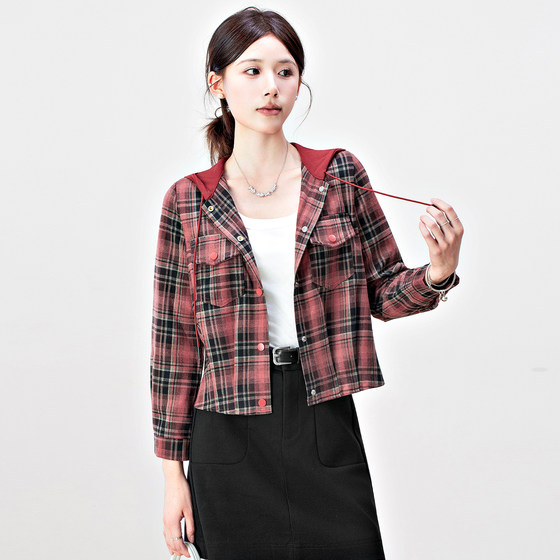 Retro plaid shirt spliced hooded short jacket for women in autumn 2025 new temperament high-waisted versatile top
Retro plaid shirt spliced hooded short jacket for women in autumn 2025 new temperament high-waisted versatile top